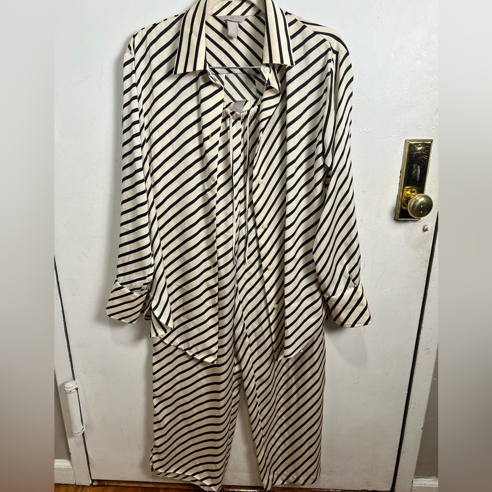 Sold as a set. Striped Black and White trousers & button up set